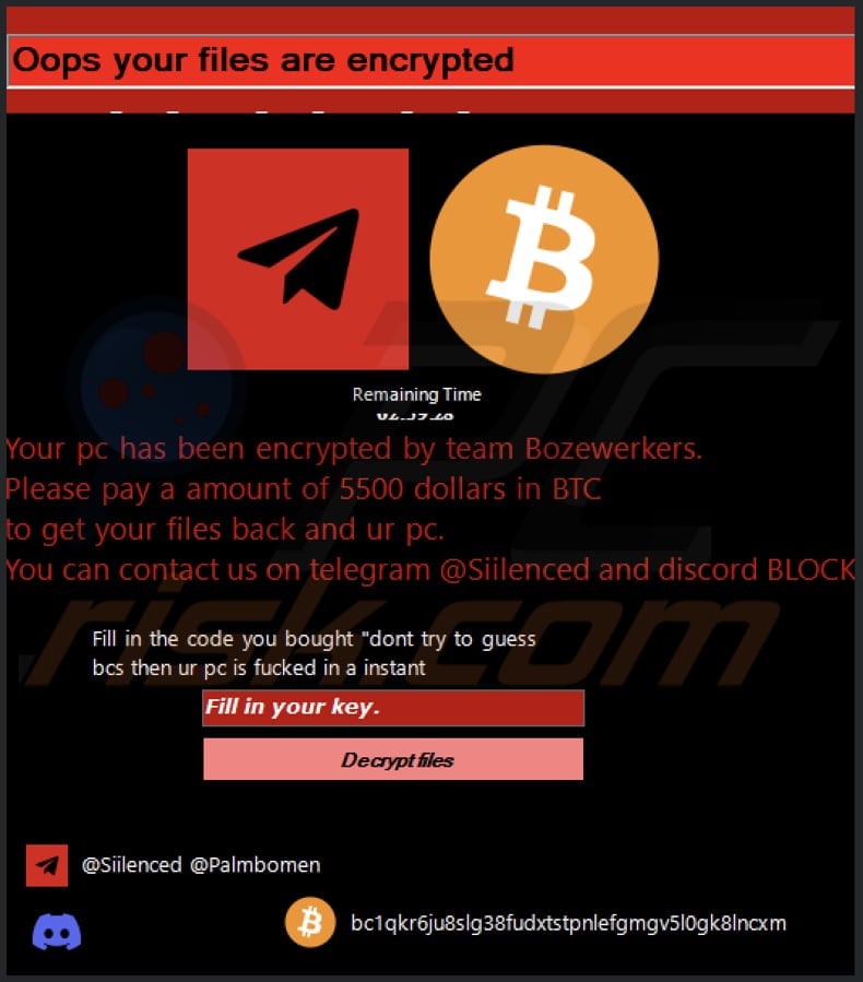 Bozewerkers ransomware ransom note in a pop-up window