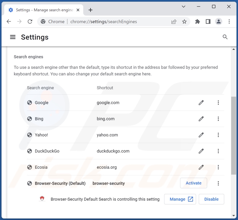Removing browser-security.xyz from Google Chrome default search engine