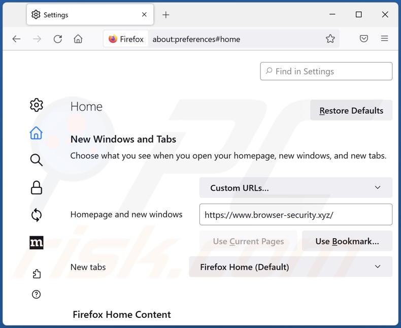 Removing browser-security.xyz from Mozilla Firefox homepage