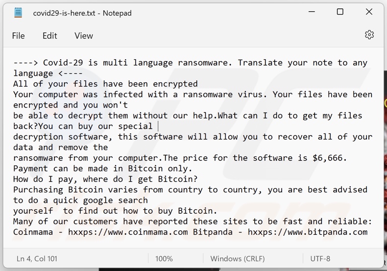 Covid29 ransomware text file (covid29-is-here.txt)
