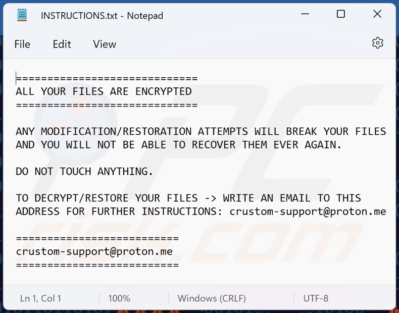 Crustom ransomware ransom note (INSTRUCTIONS.txt)