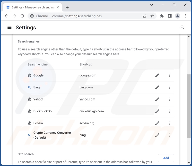 Removing Crypto Currency Converter from Google Chrome default search engine