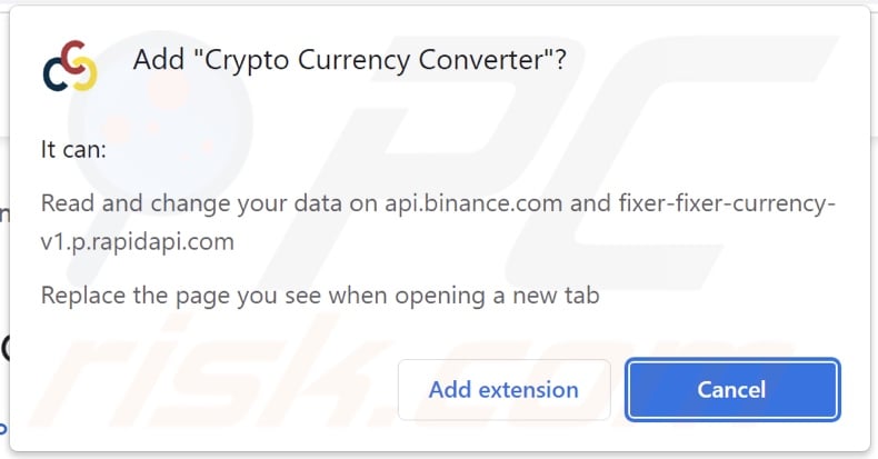 Crypto Currency Converter browser hijacker asking for permissions