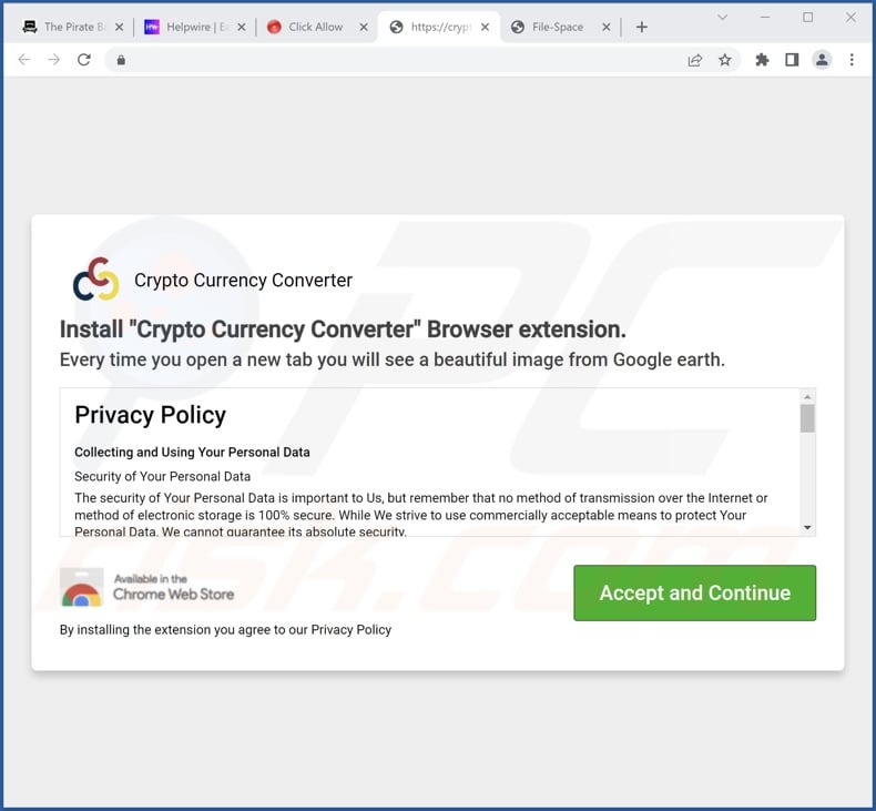 Website used to promote Crypto Currency Converter browser hijacker
