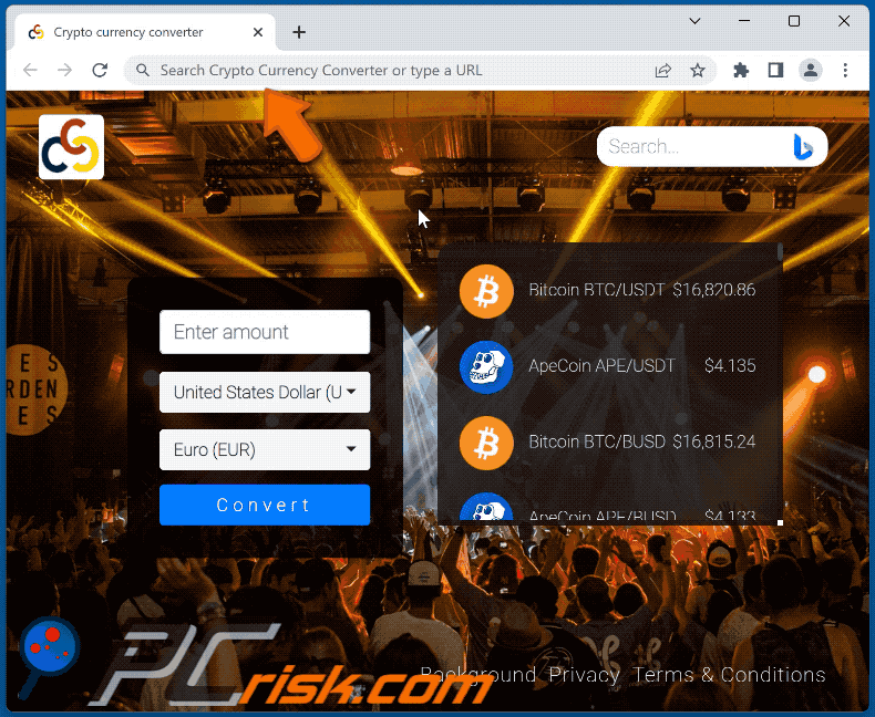 Crypto Currency Converter browser hijacker redirecting to Bing (GIF)