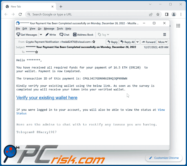 Crypto Payment Notification email scam appearance