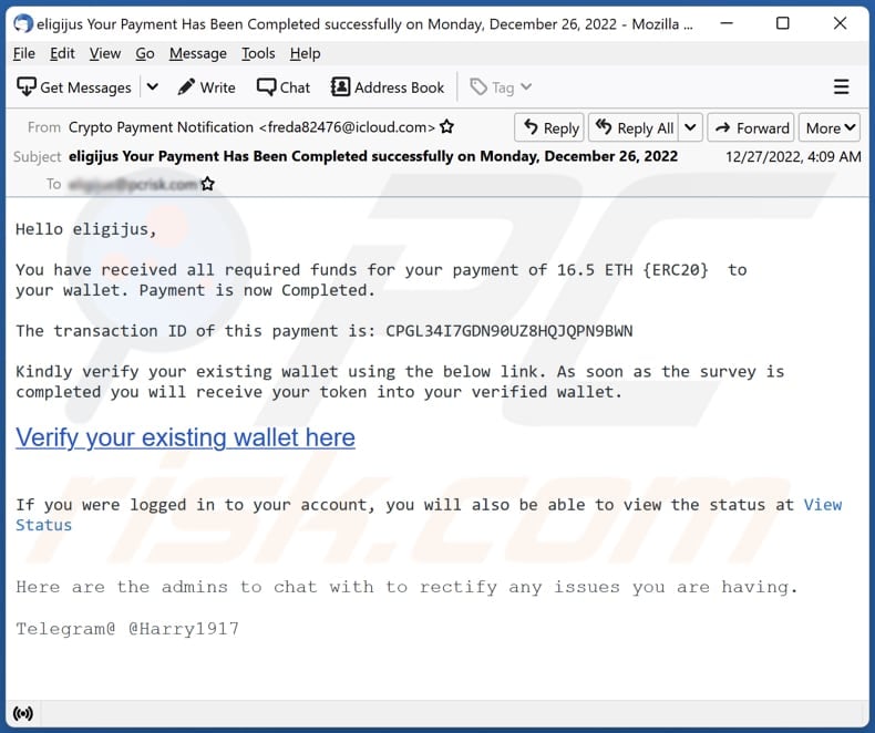 Crypto Payment Notification scam email