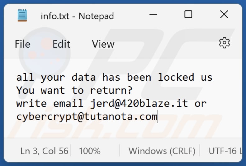 CY3 ransomware text file (info.txt)