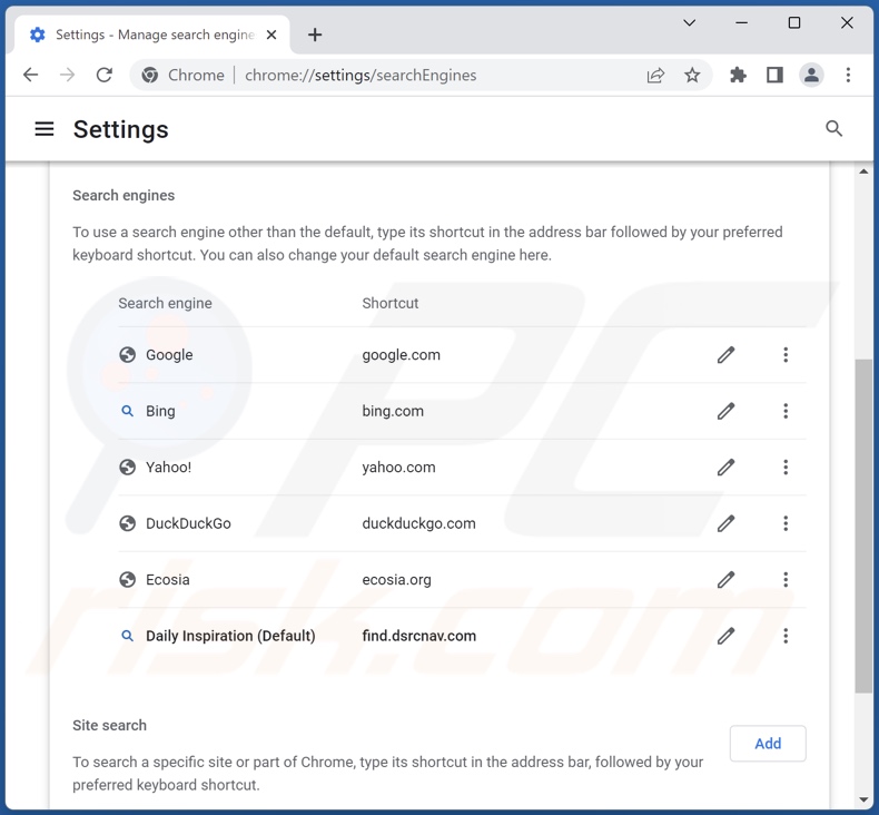 Removing find.dsrcnav.com from Google Chrome default search engine