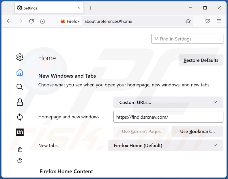 Removing find.dsrcnav.com from Mozilla Firefox homepage