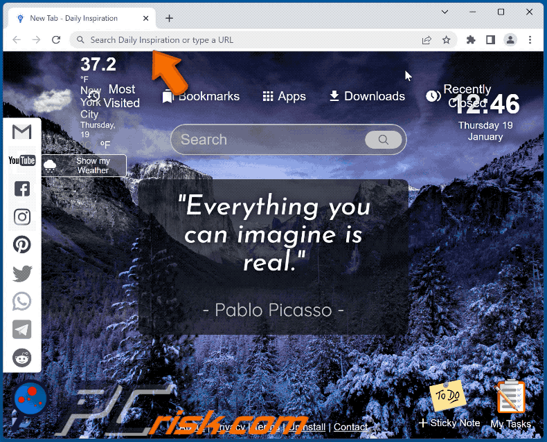 Daily Inspiration browser hijacker redirecting to Bing (GIF)