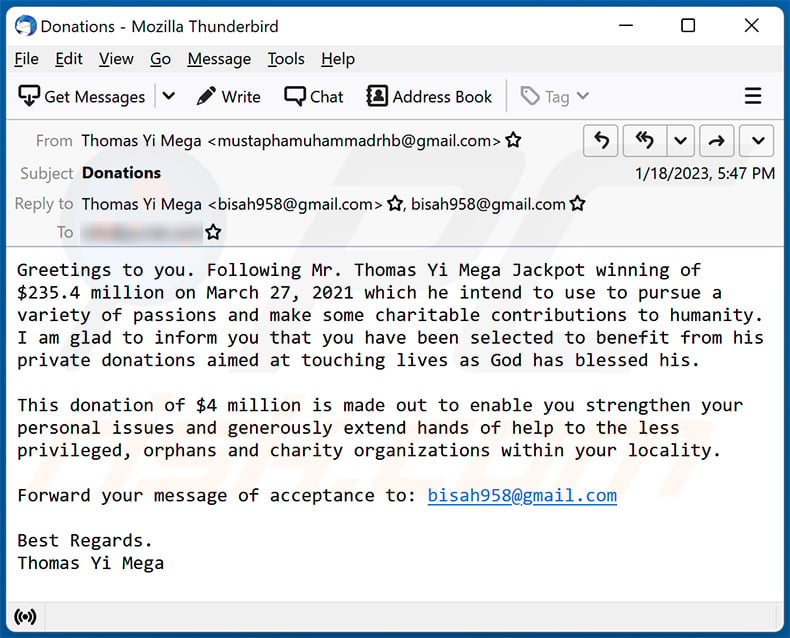 Donation-themed spam email (2023-01-19)