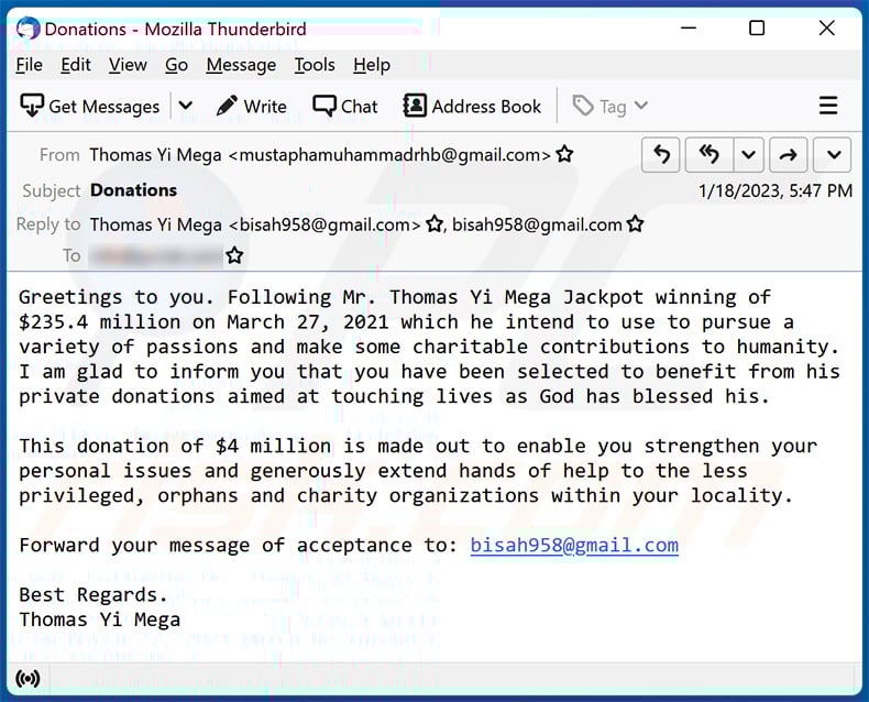 Donation-themed spam email (2023-01-19)