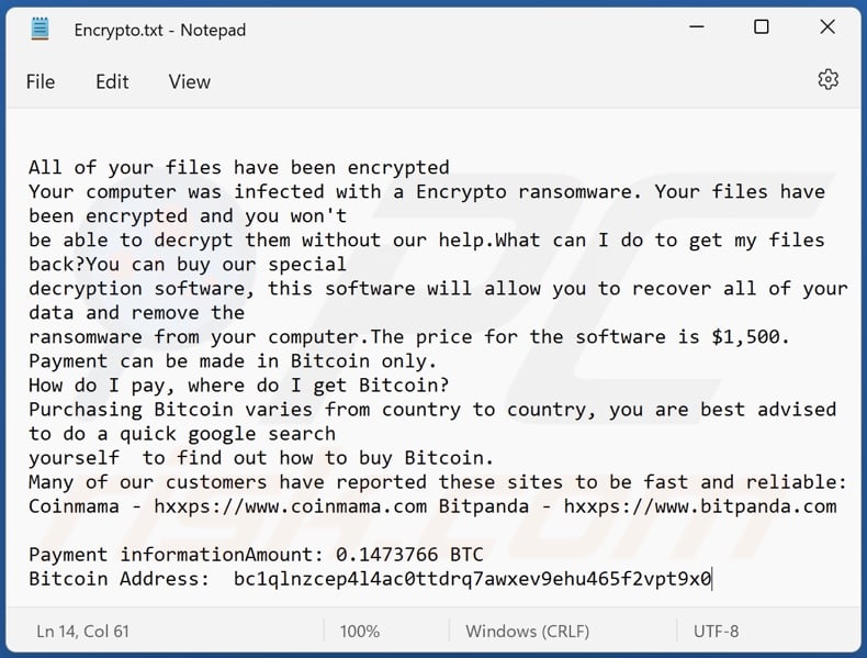 Encrypto ransomware ransom note (Encrypto.txt)