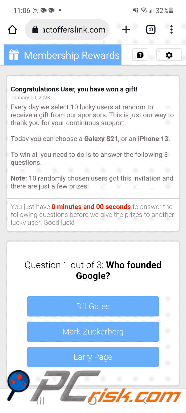 Google Membership Rewards pop-up scam mobile version