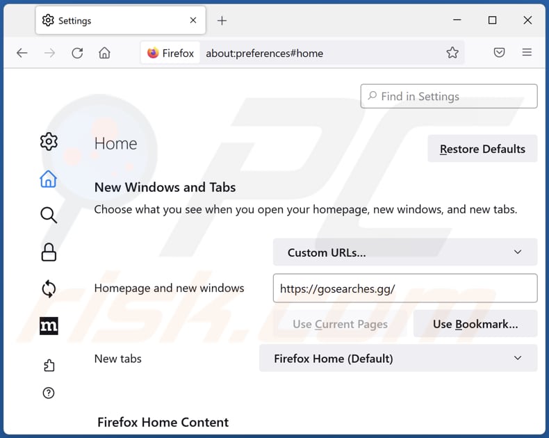 Removing gosearches.gg from Mozilla Firefox homepage