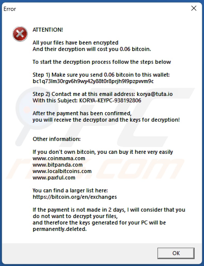 KoRyA ransomware error message