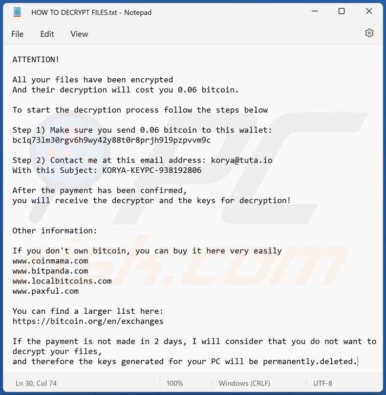 KoRyA ransomware text file (HOW TO DECRYPT FILES.txt)