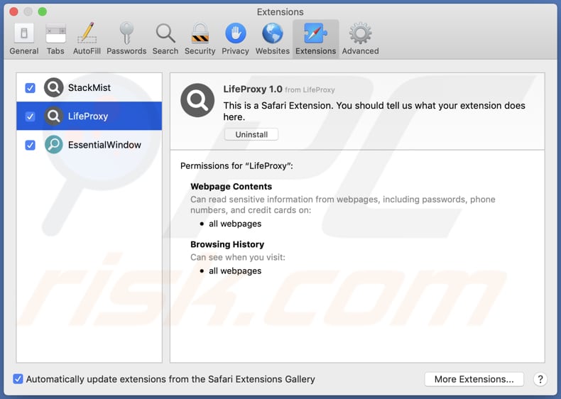LifeProxy adware installed on Safari