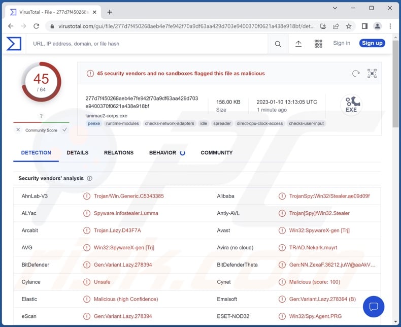 LummaC2 malware detections on VirusTotal