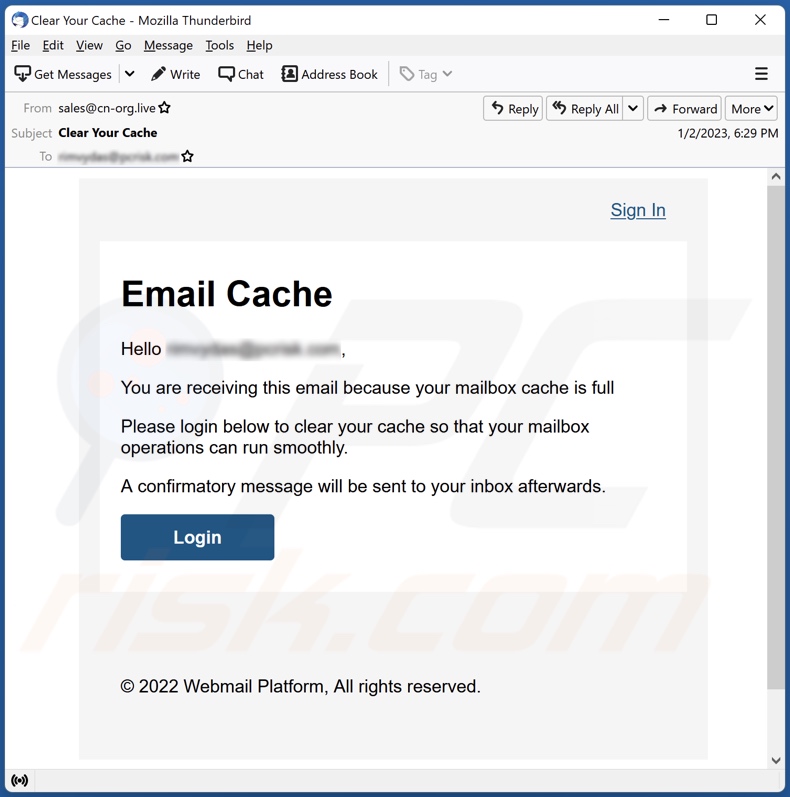 Mailbox Cache Is Full email spam campaign