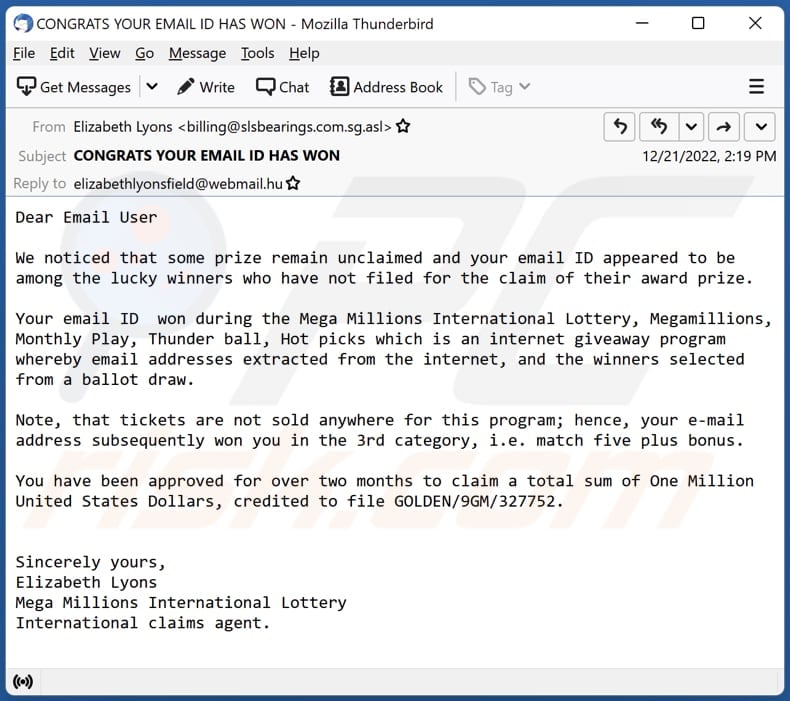 Mega Millions International Lottery scam email