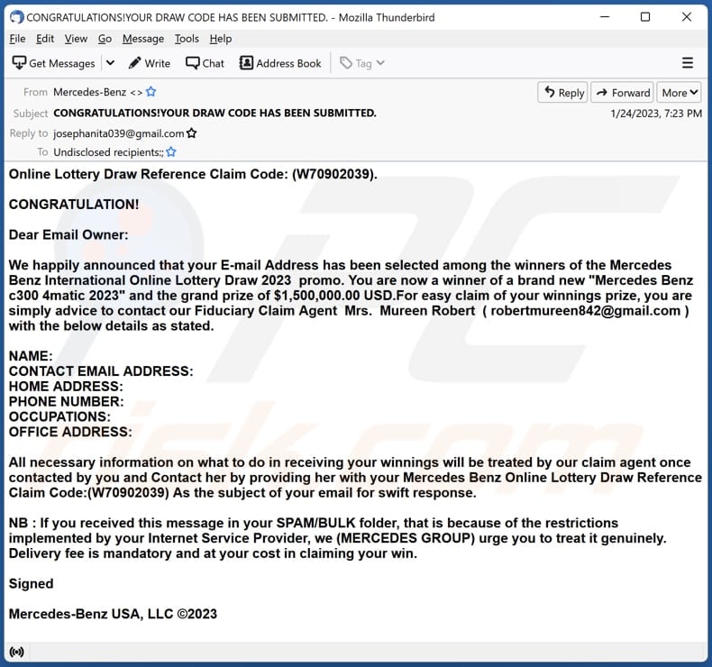 Mercedes-Benz Lottery scam email