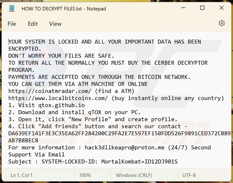 MortalKombat ransomware text file (HOW TO DECRYPT FILES.txt)