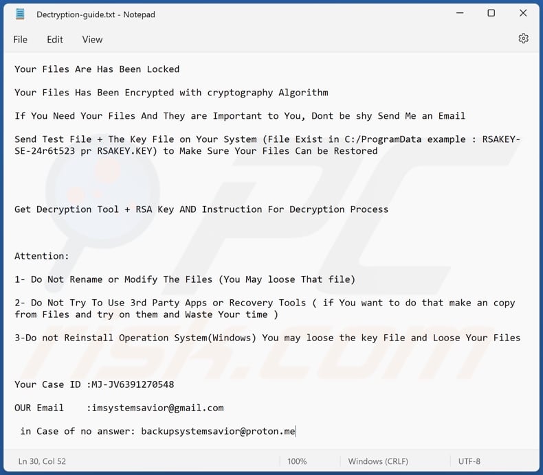 MrWhite ransomware ransom note (Dectryption-guide.txt)