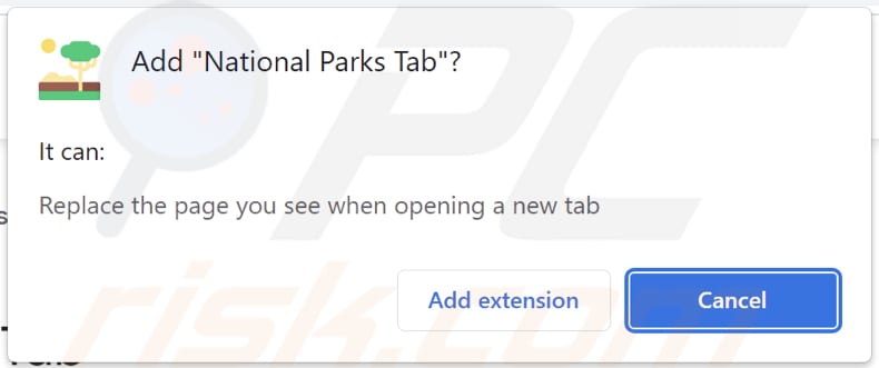 National Parks Tab browser hijacker asking for permissions