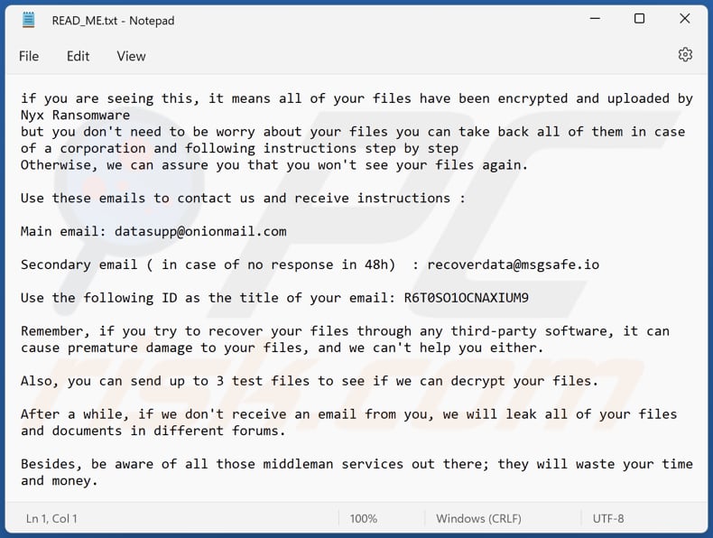 Nyx ransomware text file (READ_ME.txt)