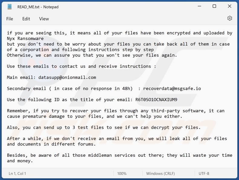 Nyx ransomware text file (READ_ME.txt)