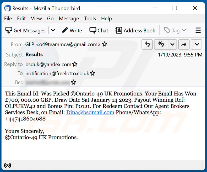 Ontario UK Lottery email scam (2023-01-25)