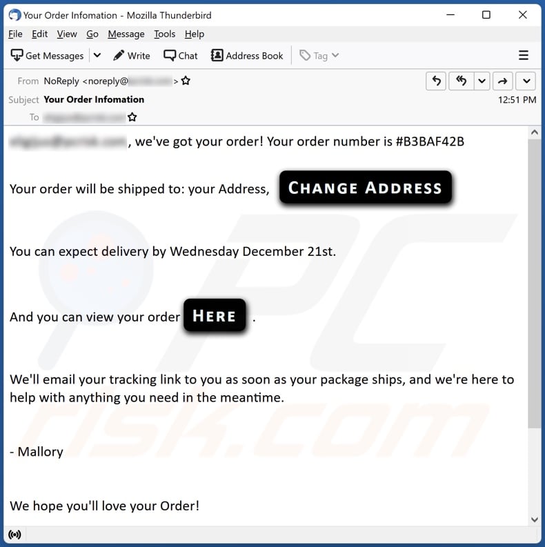 Order Information email spam campaign