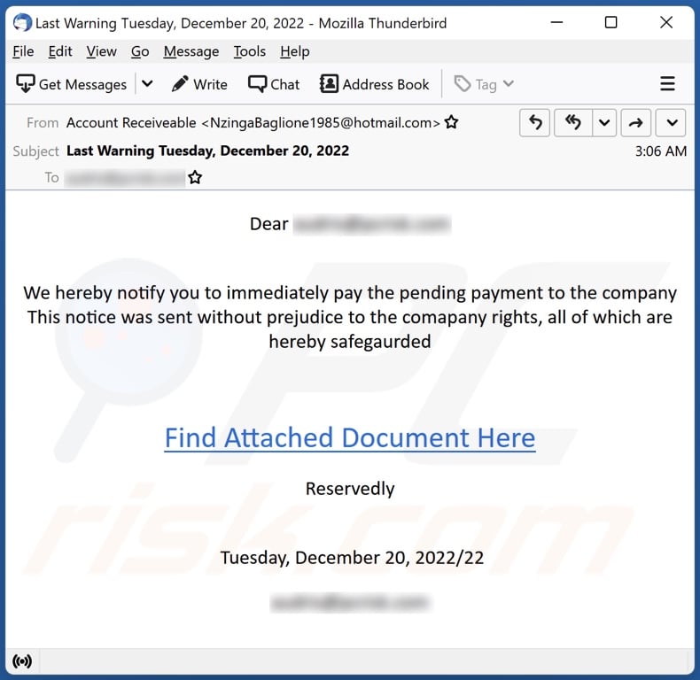Pending Payment email spam campaign