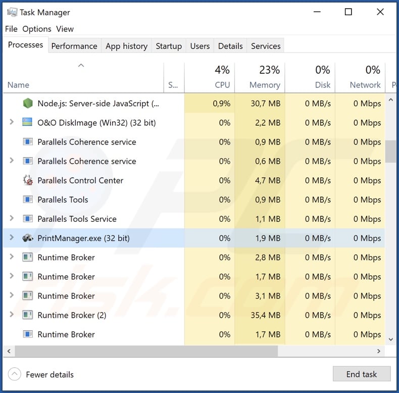 PrintManager malware process on Task Manager (PrintManager.exe - process name)