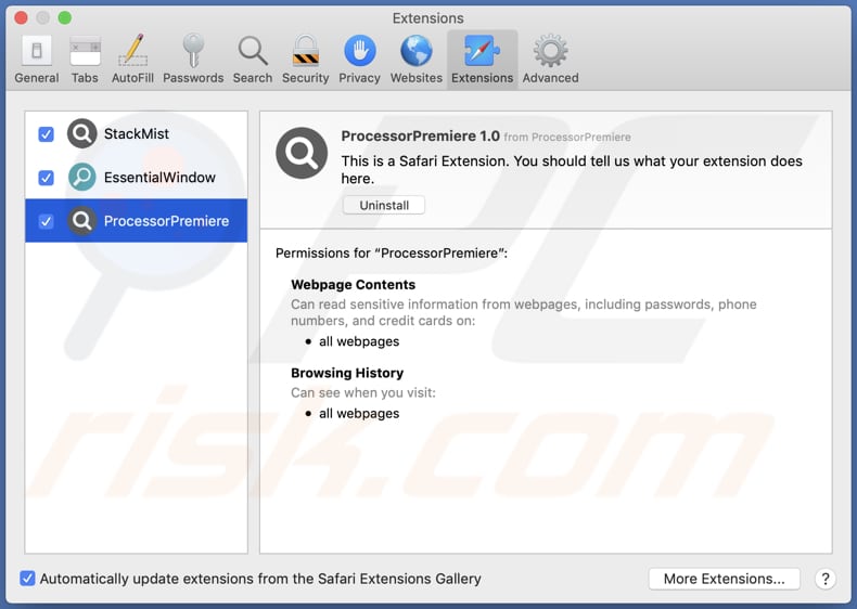 ProcessorPremiere adware installed on Safari