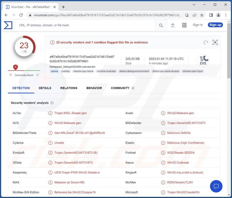 Rhadamanthys malware detections on VirusTotal