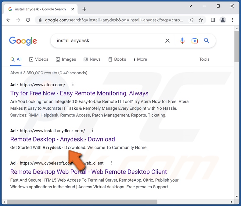 Google ad promoting a fake AnyDesk website that proliferates Rhadamanthys stealer malware