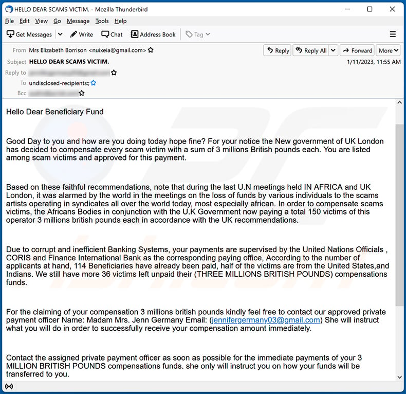 Scam Victim Compensation Funds email scam (2023-01-12)