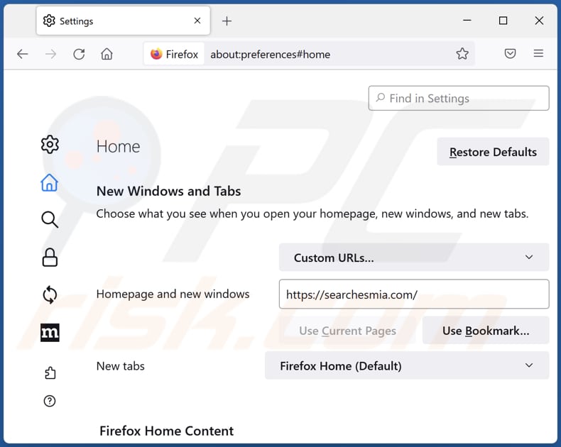 Removing searchesmia.com from Mozilla Firefox homepage
