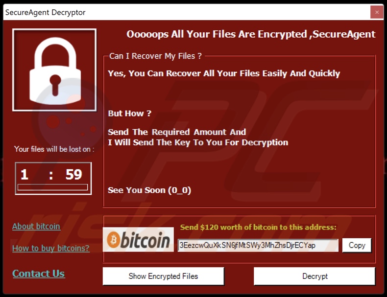 SecureAgent ransomware ransom note (pop-up)