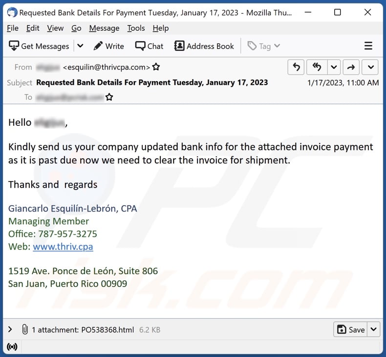 Send Us Your Company Updated Bank Info email spam campaign