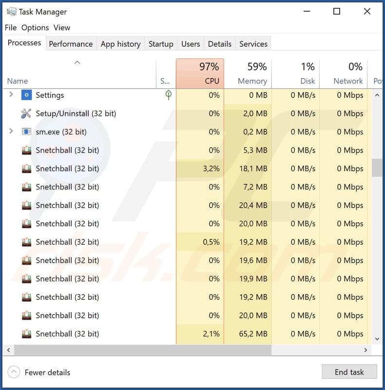 Snetchball adware running in the task manager