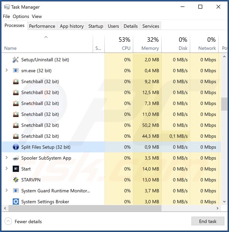 Split Files adware process on Task Manager (Split Files Setup - process name)