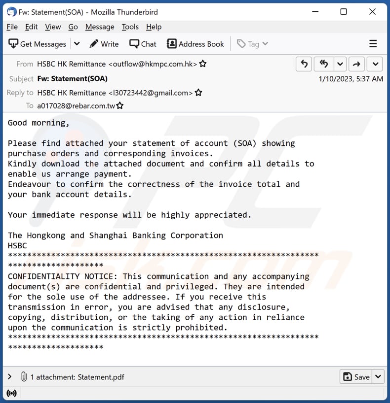 Statement Of Account (SOA) email virus malware-spreading email spam campaign