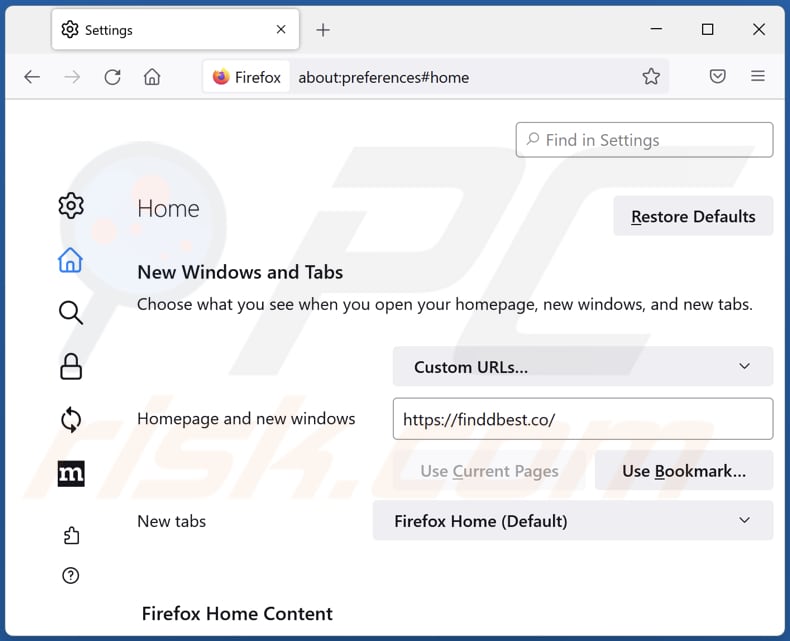 Removing finddbest.co from Mozilla Firefox homepage