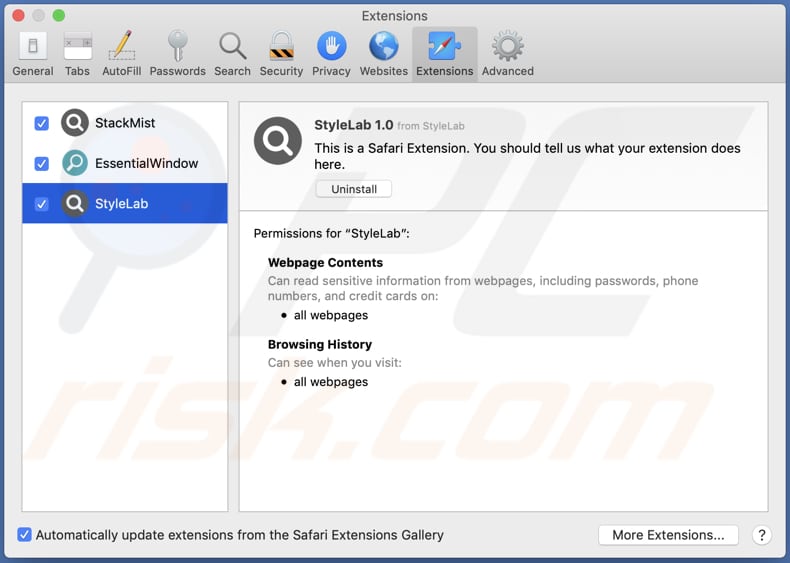 Stylelab adware installed on Safari