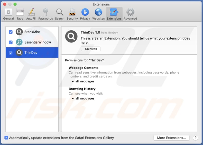 ThinDev adware installed on Safari