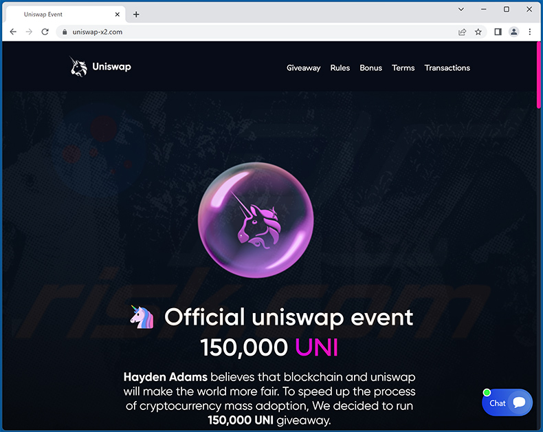 Uniswap giveaway scam website (uniswap-x2[.]com)